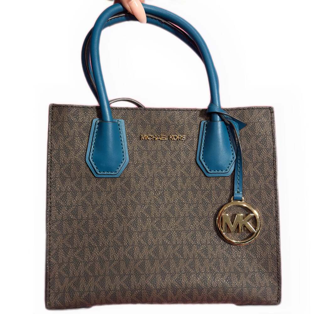 Michael Kors Kenly Signature Logo MK Charm Top Handle Bag Brown and Teal